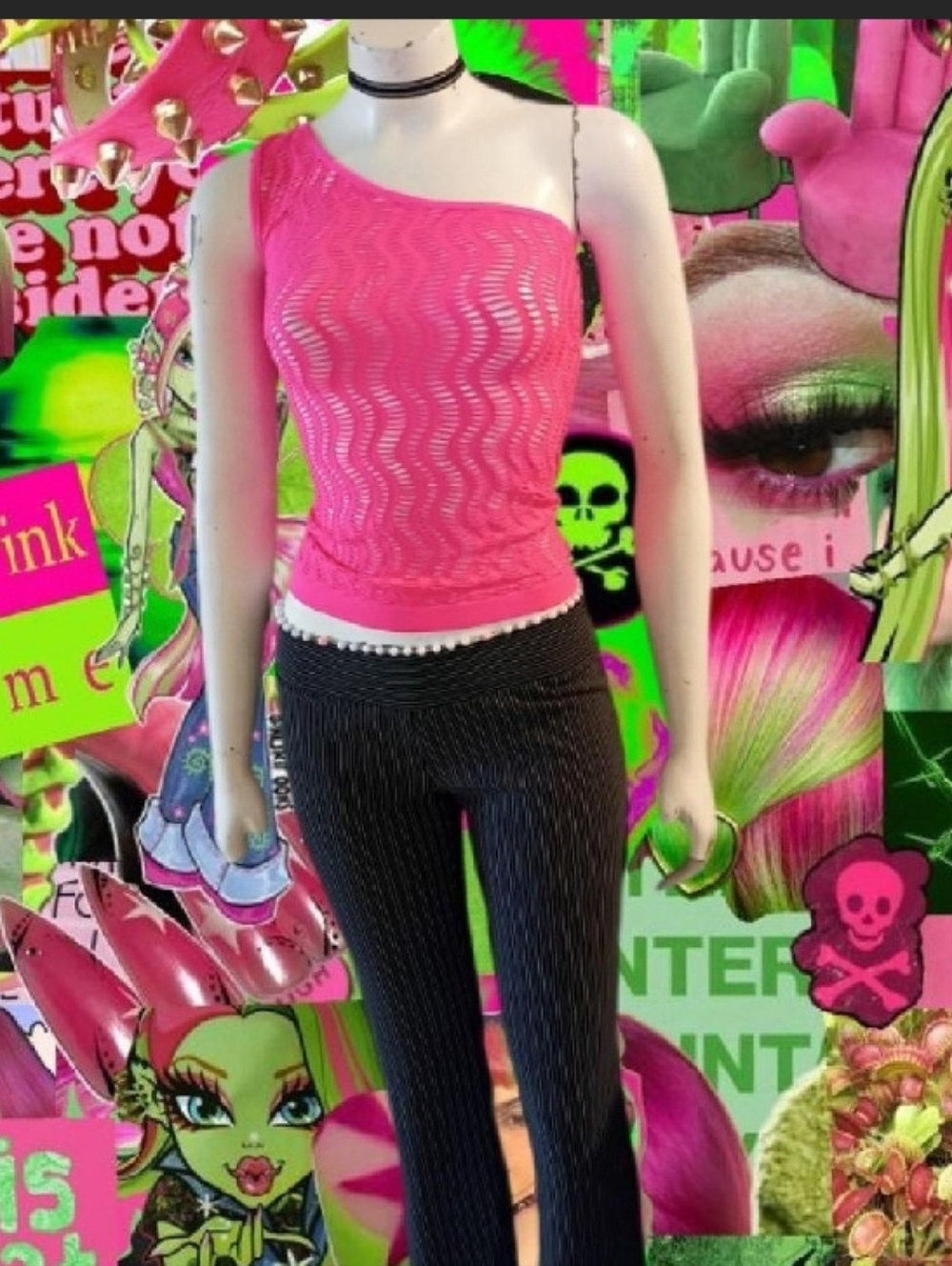 Vtg Y2K Yepiaopia one size hot pink one strap fishnet style spandex tank top